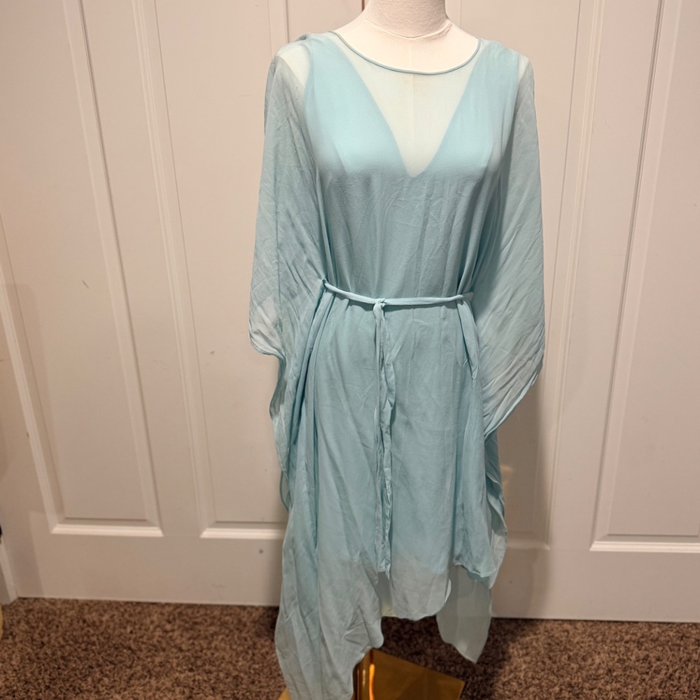 BCBGMAXAZRIA Suzy Draped Asymmetric Mint Green Aqua Silk Dress - Picture 8 of 14
